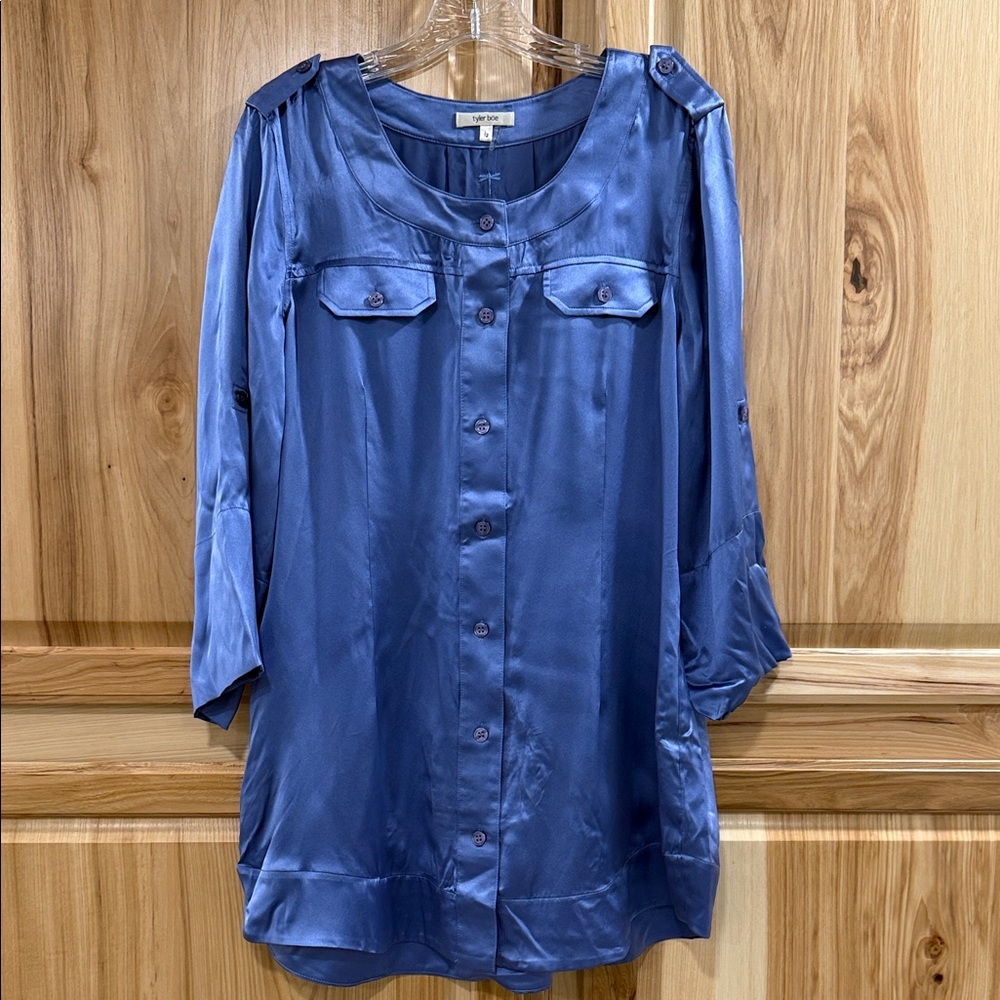 Tyler Boe Periwinkle Button Down Silk Elegant Feminine Blouse Adjustable Sleeve